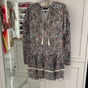 Bloomingdales Aqua Paisley Dress size XL white ruffle lace trim sheer sleeves